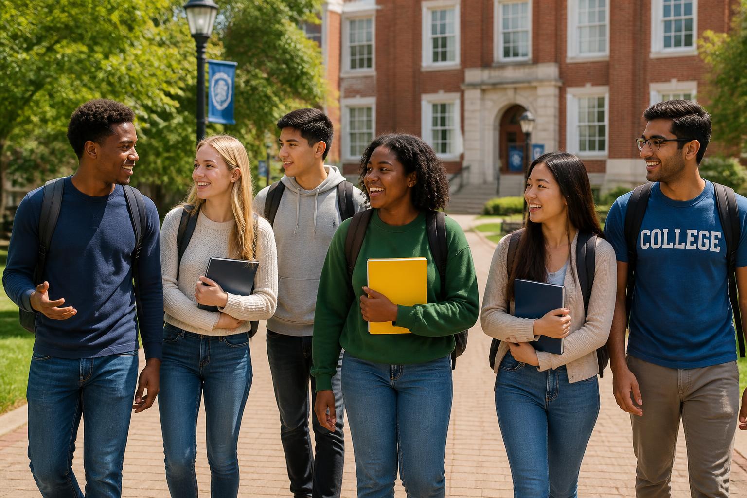 Diverse group of high school students and families on a college campus